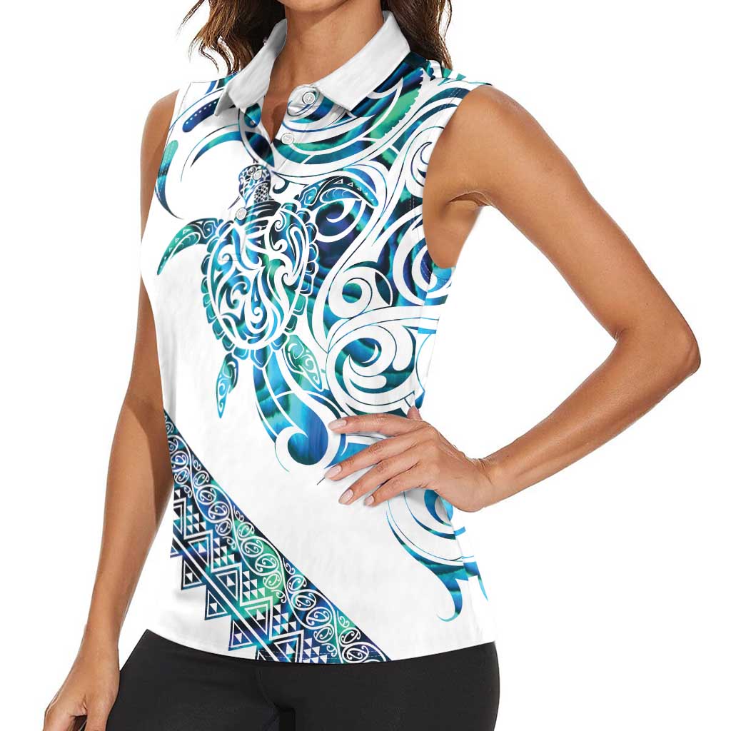 Kahui Whetu Paua shell Kowhaiwhai Taniko Personalised Women Sleeveless Polo Shirt Turtle Tattoo Maori Tribal Style
