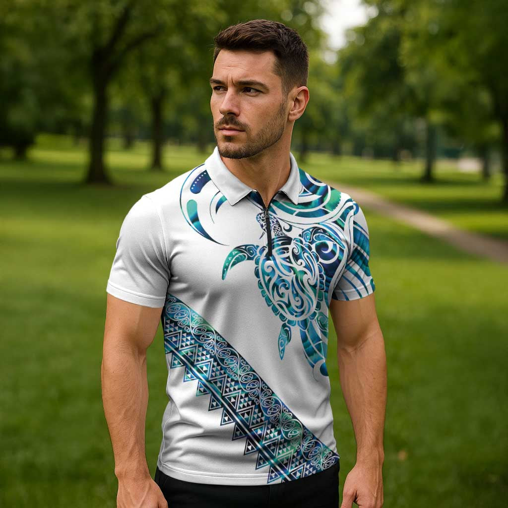Kahui Whetu Paua shell Kowhaiwhai Taniko Personalised Zipper Polo Shirt Turtle Tattoo Maori Tribal Style
