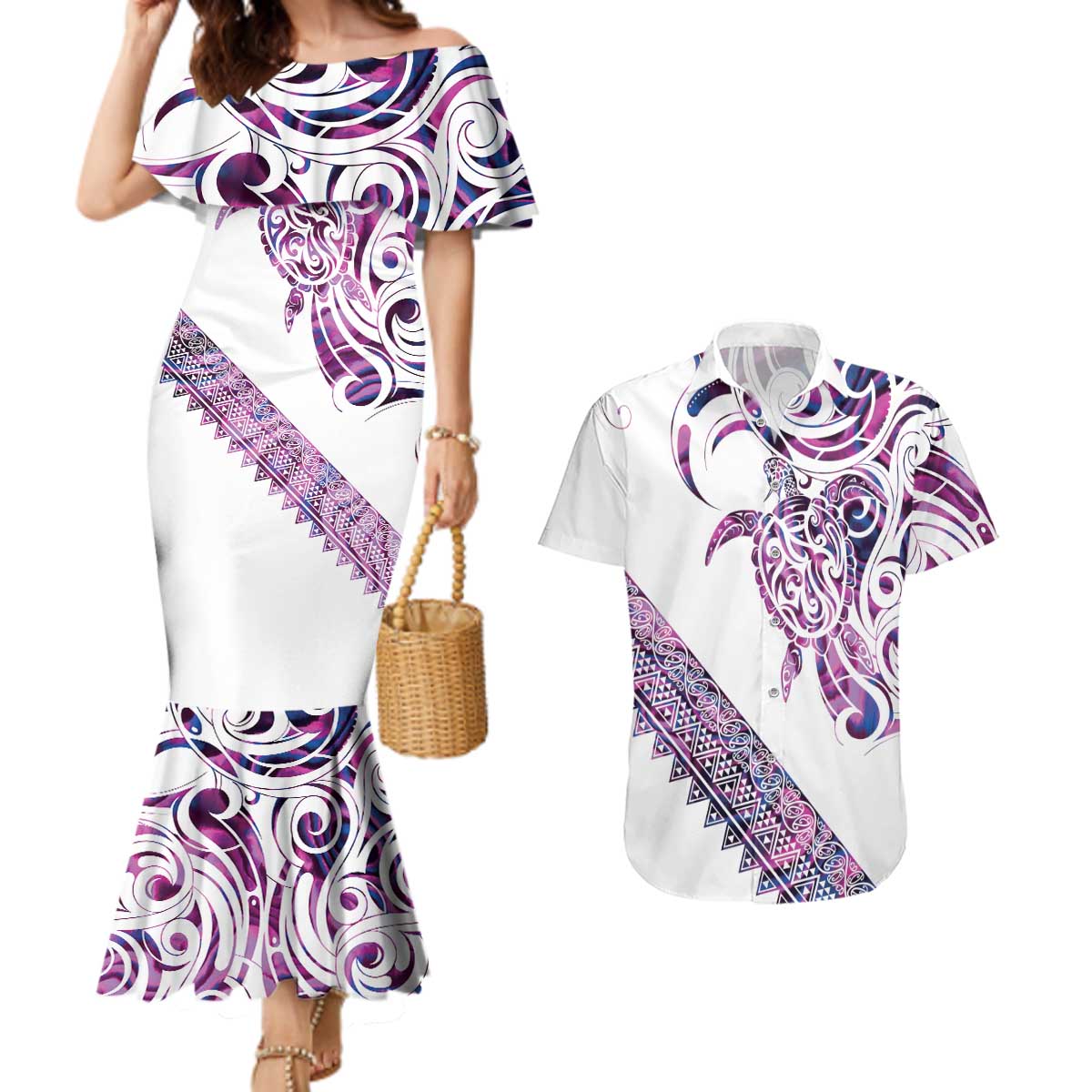 Mawhero Paua shell Kowhaiwhai Taniko Personalised Couples Matching Mermaid Dress and Hawaiian Shirt Turtle Tattoo Maori Tribal Style