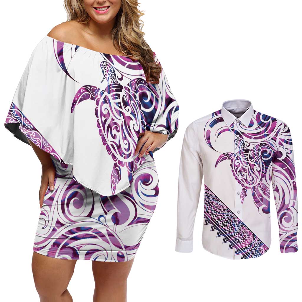 Mawhero Paua shell Kowhaiwhai Taniko Personalised Couples Matching Off Shoulder Short Dress and Long Sleeve Button Shirt Turtle Tattoo Maori Tribal Style
