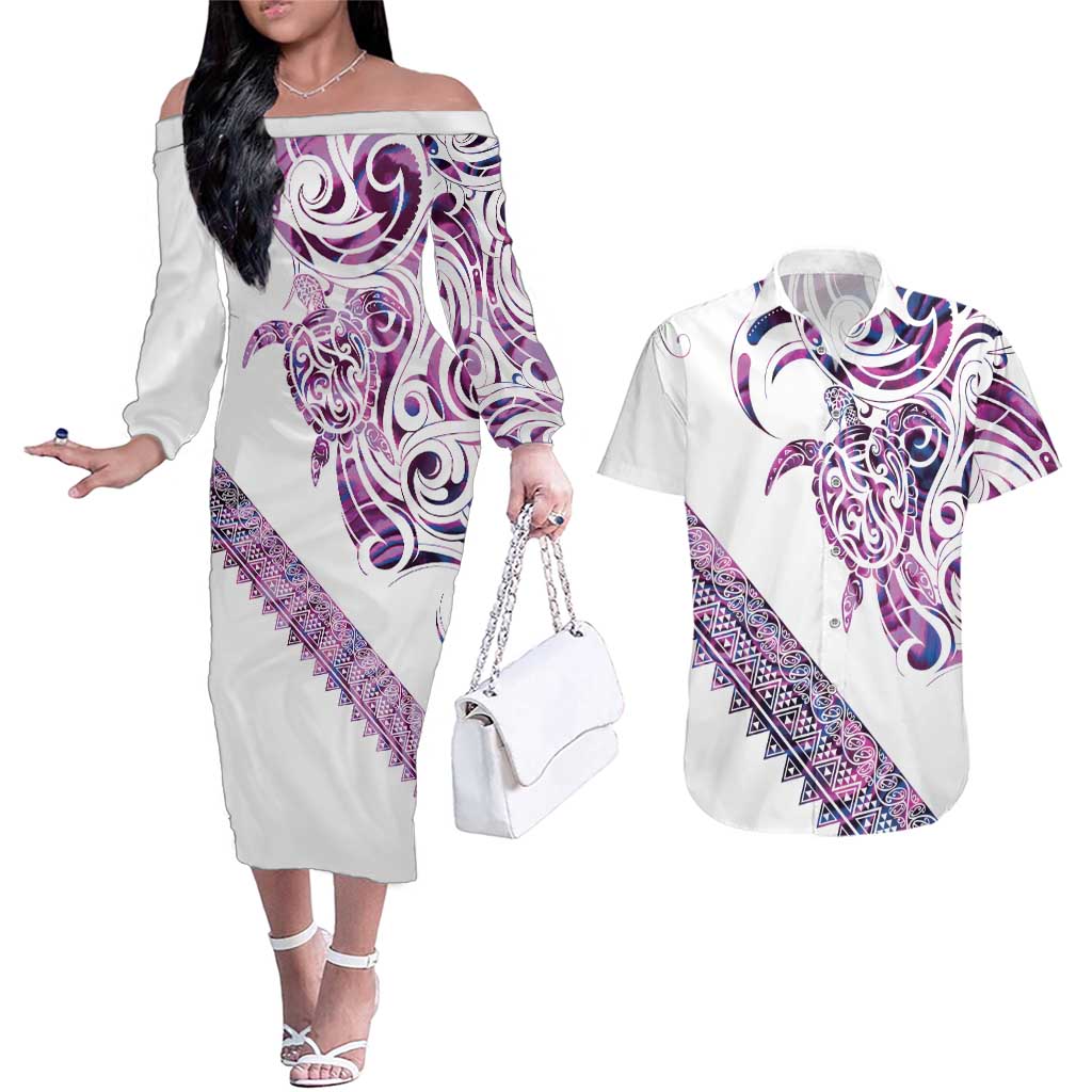 Mawhero Paua shell Kowhaiwhai Taniko Personalised Couples Matching Off The Shoulder Long Sleeve Dress and Hawaiian Shirt Turtle Tattoo Maori Tribal Style