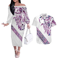 Mawhero Paua shell Kowhaiwhai Taniko Personalised Couples Matching Off The Shoulder Long Sleeve Dress and Hawaiian Shirt Turtle Tattoo Maori Tribal Style