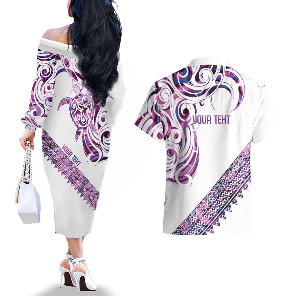 Mawhero Paua shell Kowhaiwhai Taniko Personalised Couples Matching Off The Shoulder Long Sleeve Dress and Hawaiian Shirt Turtle Tattoo Maori Tribal Style