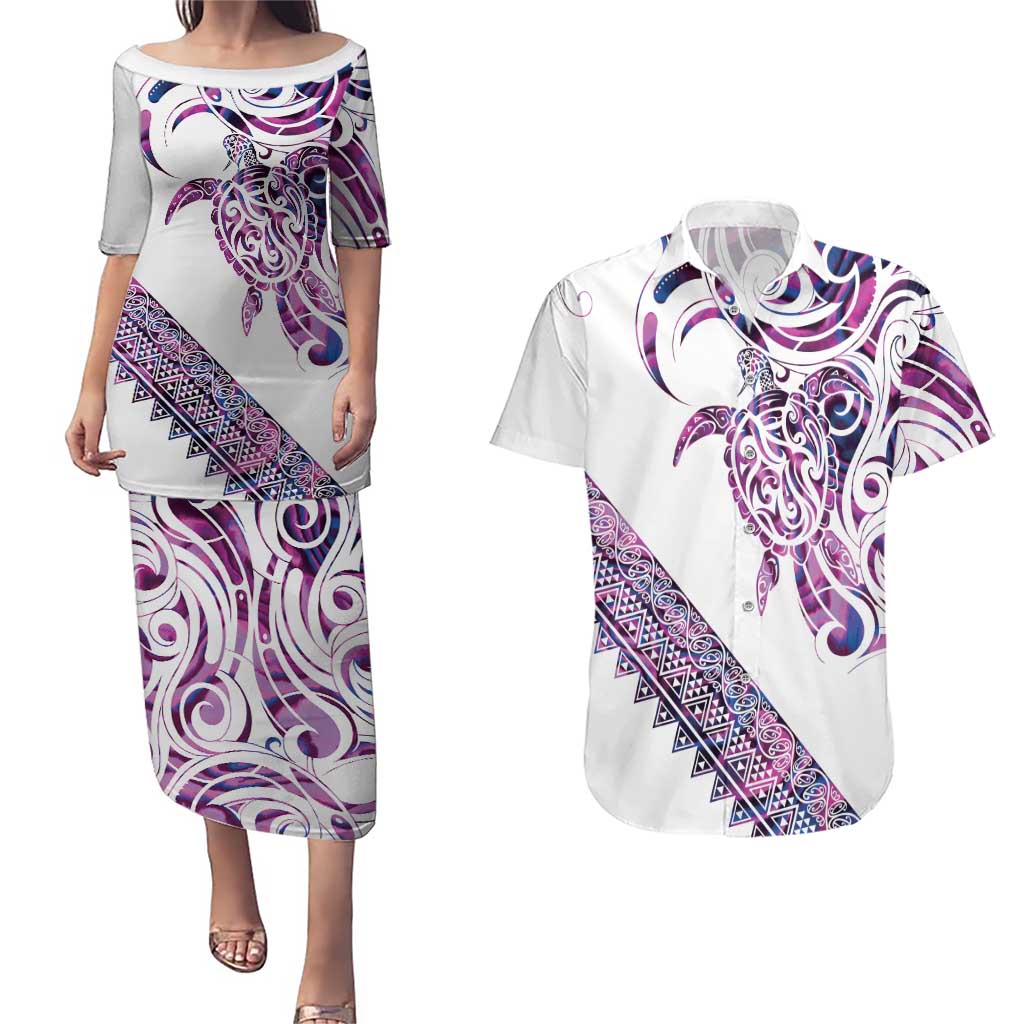 Mawhero Paua shell Kowhaiwhai Taniko Personalised Couples Matching Puletasi and Hawaiian Shirt Turtle Tattoo Maori Tribal Style