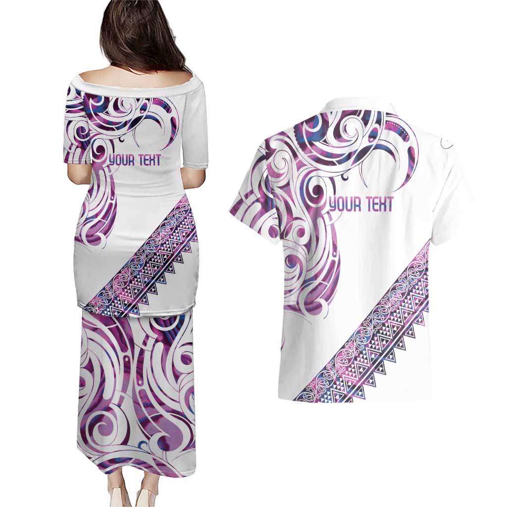 Mawhero Paua shell Kowhaiwhai Taniko Personalised Couples Matching Puletasi and Hawaiian Shirt Turtle Tattoo Maori Tribal Style