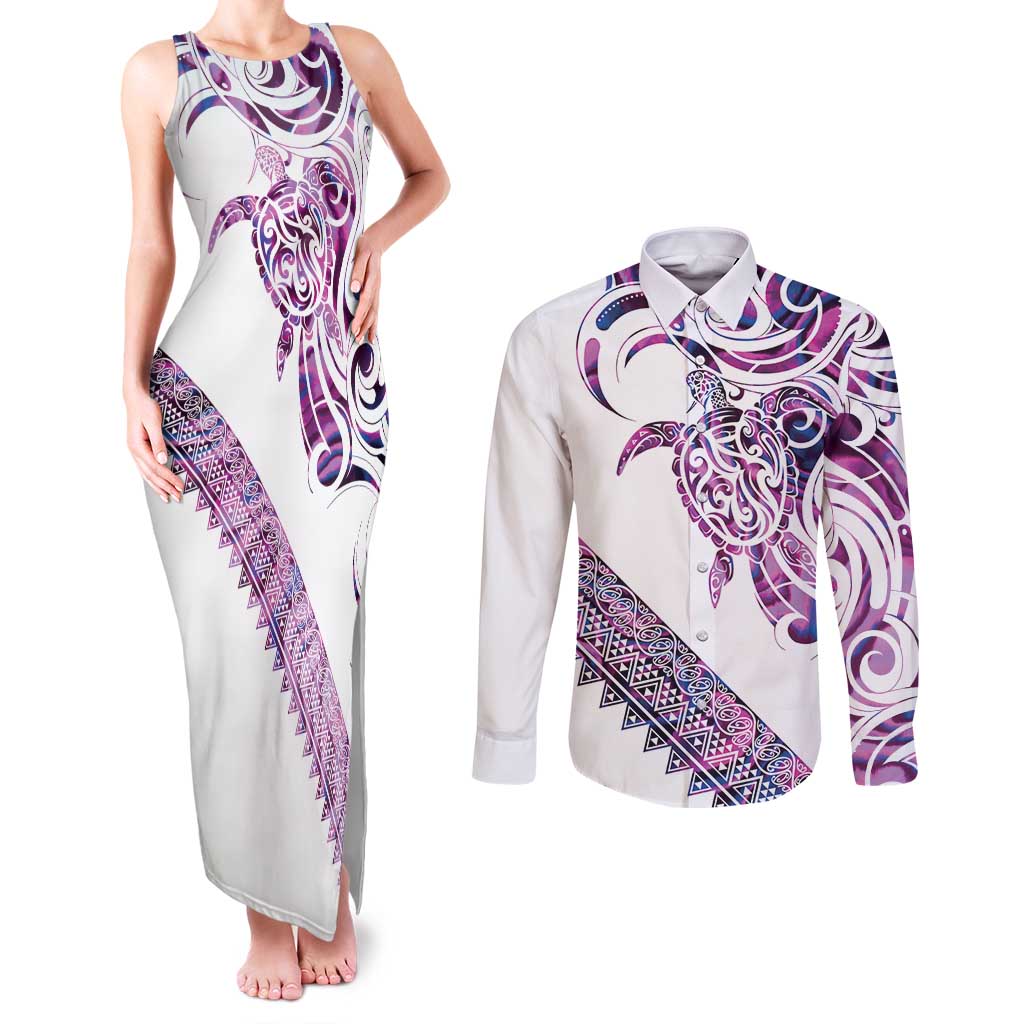 Mawhero Paua shell Kowhaiwhai Taniko Personalised Couples Matching Tank Maxi Dress and Long Sleeve Button Shirt Turtle Tattoo Maori Tribal Style
