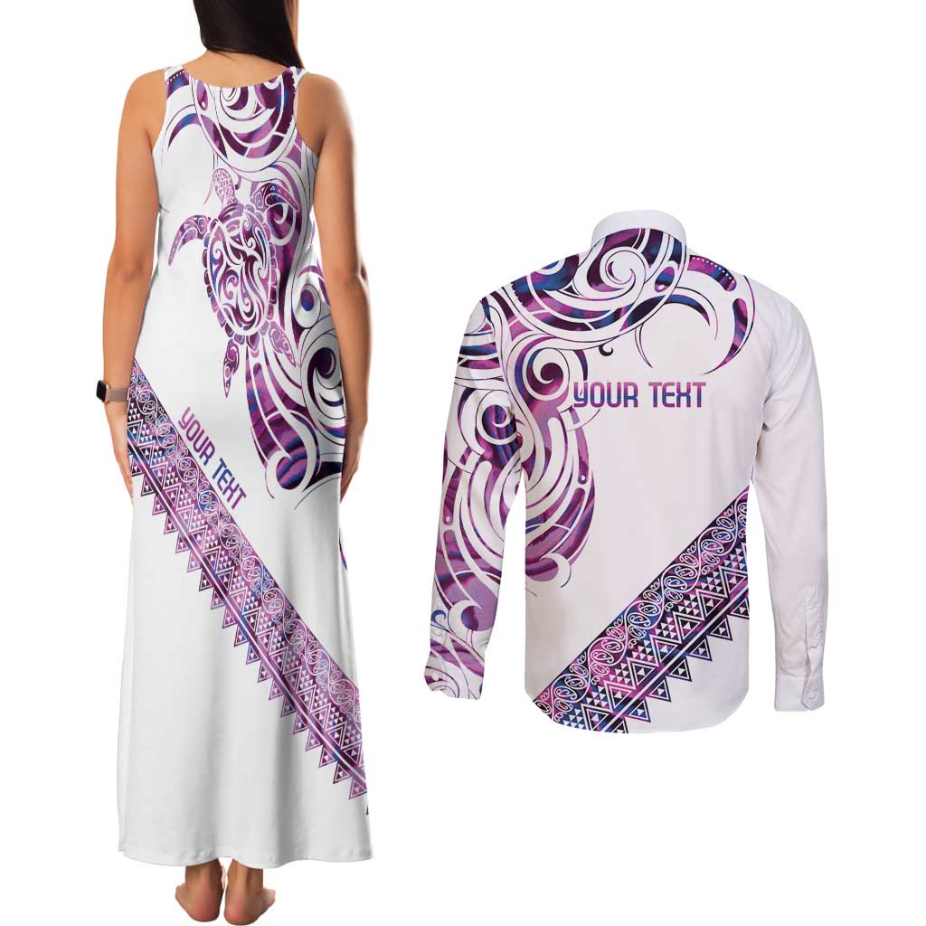Mawhero Paua shell Kowhaiwhai Taniko Personalised Couples Matching Tank Maxi Dress and Long Sleeve Button Shirt Turtle Tattoo Maori Tribal Style