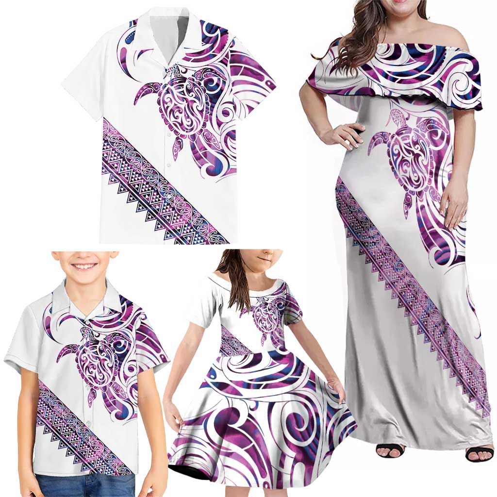 Mawhero Paua shell Kowhaiwhai Taniko Personalised Family Matching Off Shoulder Maxi Dress and Hawaiian Shirt Turtle Tattoo Maori Tribal Style
