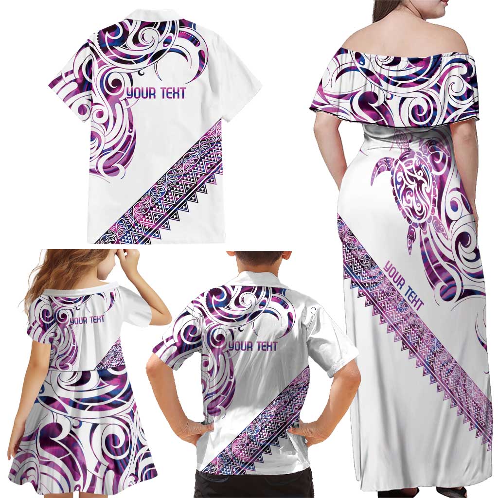 Mawhero Paua shell Kowhaiwhai Taniko Personalised Family Matching Off Shoulder Maxi Dress and Hawaiian Shirt Turtle Tattoo Maori Tribal Style