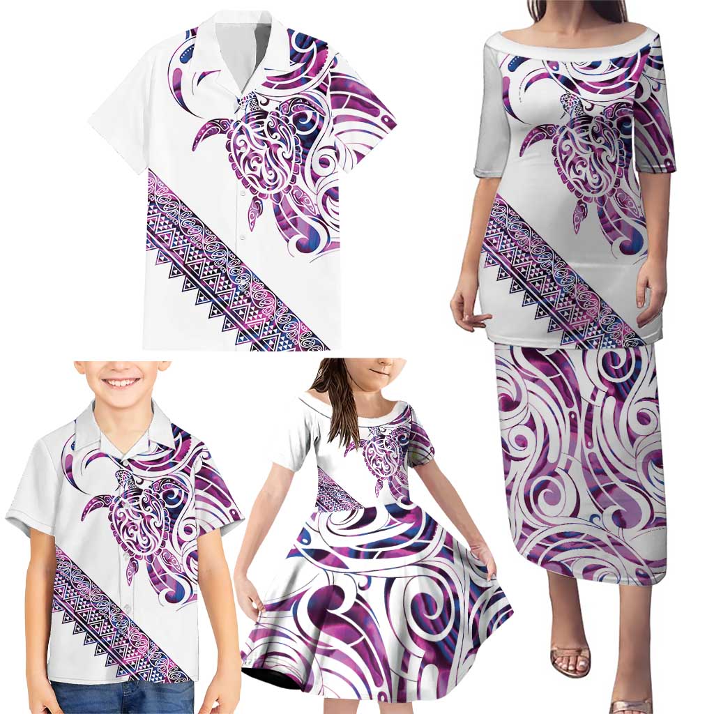 Mawhero Paua shell Kowhaiwhai Taniko Personalised Family Matching Puletasi and Hawaiian Shirt Turtle Tattoo Maori Tribal Style