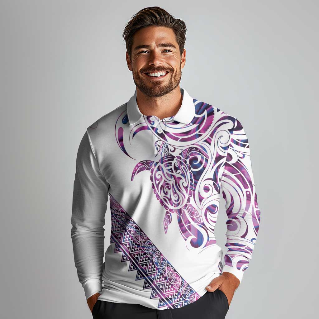 Mawhero Paua shell Kowhaiwhai Taniko Personalised Long Sleeve Polo Shirt Turtle Tattoo Maori Tribal Style