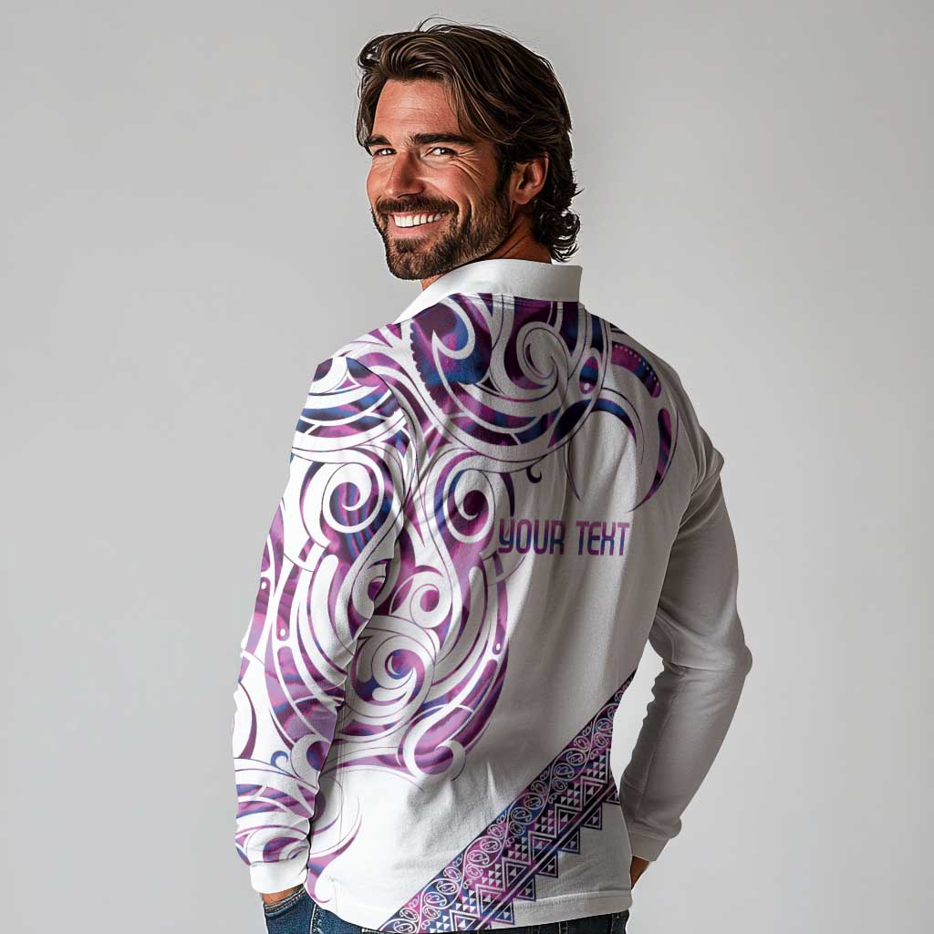 Mawhero Paua shell Kowhaiwhai Taniko Personalised Long Sleeve Polo Shirt Turtle Tattoo Maori Tribal Style
