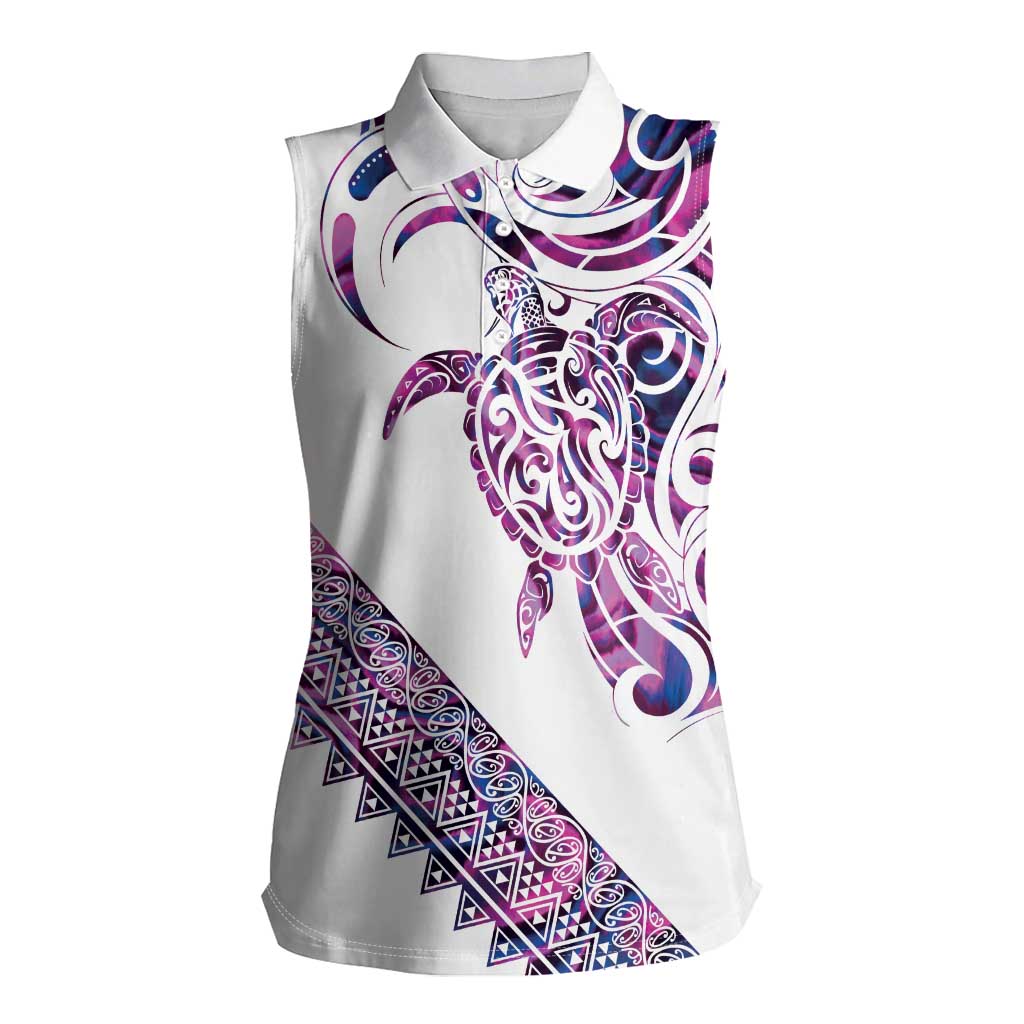 Mawhero Paua shell Kowhaiwhai Taniko Personalised Women Sleeveless Polo Shirt Turtle Tattoo Maori Tribal Style