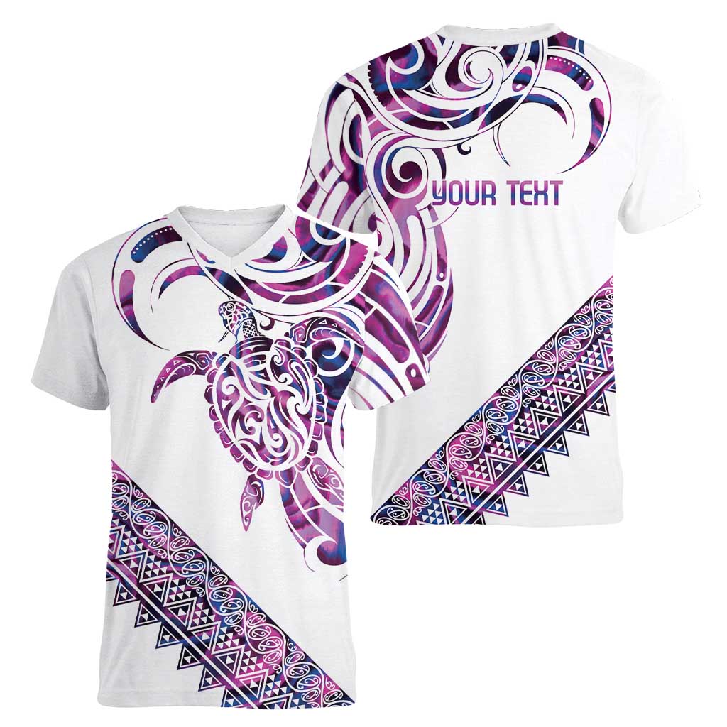Mawhero Paua shell Kowhaiwhai Taniko Personalised Women V-Neck T-Shirt Turtle Tattoo Maori Tribal Style