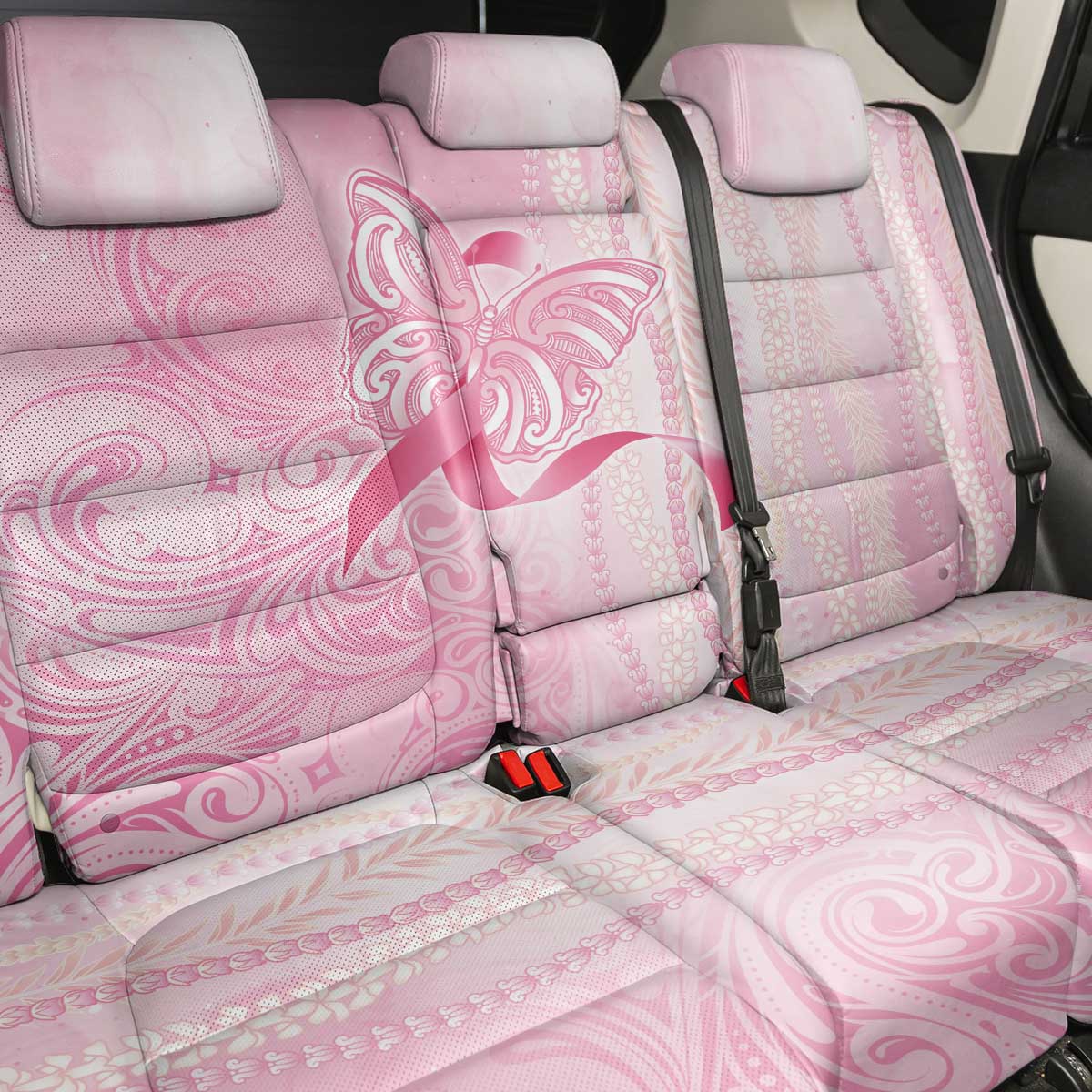 Breast Cancer Awareness Back Car Seat Cover Maile Pikake Lokelani Crown Flower Lei Inspired