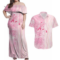Breast Cancer Awareness Couples Matching Off Shoulder Maxi Dress and Hawaiian Shirt Maile Pikake Lokelani Crown Flower Lei Inspired