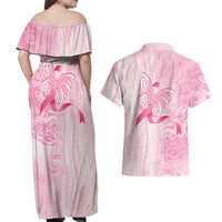 Breast Cancer Awareness Couples Matching Off Shoulder Maxi Dress and Hawaiian Shirt Maile Pikake Lokelani Crown Flower Lei Inspired