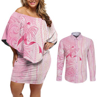Breast Cancer Awareness Couples Matching Off Shoulder Short Dress and Long Sleeve Button Shirt Maile Pikake Lokelani Crown Flower Lei Inspired