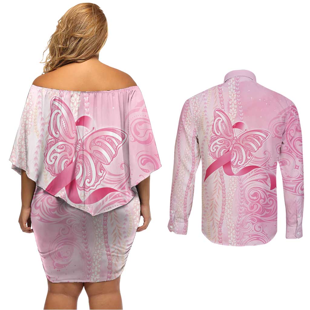 Breast Cancer Awareness Couples Matching Off Shoulder Short Dress and Long Sleeve Button Shirt Maile Pikake Lokelani Crown Flower Lei Inspired