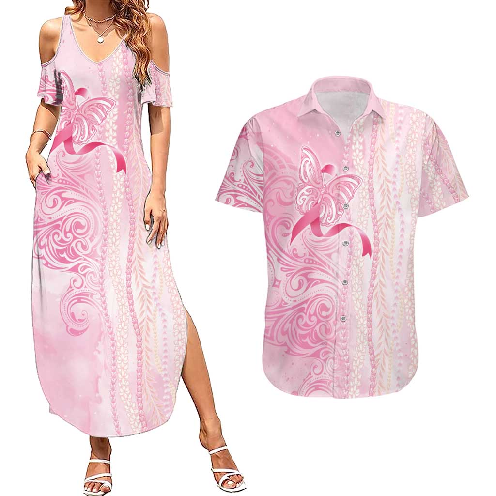 Breast Cancer Awareness Couples Matching Summer Maxi Dress and Hawaiian Shirt Maile Pikake Lokelani Crown Flower Lei Inspired LT9 Pink - Polynesian Pride