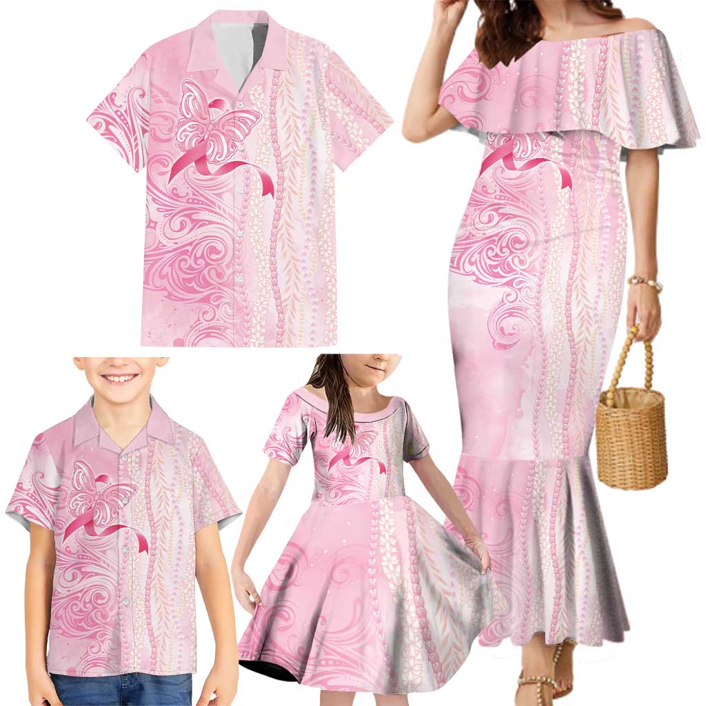 Breast Cancer Awareness Family Matching Mermaid Dress and Hawaiian Shirt Maile Pikake Lokelani Crown Flower Lei Inspired