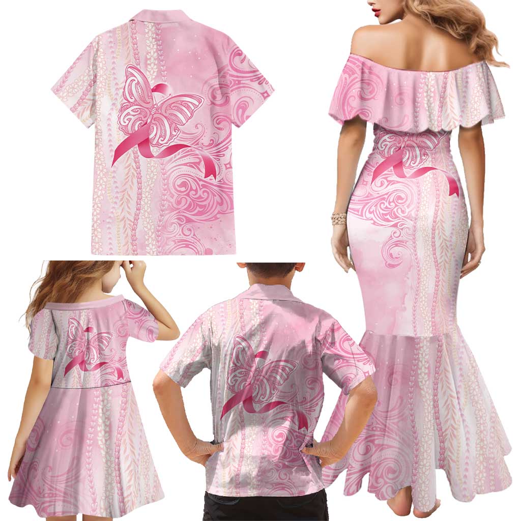 Breast Cancer Awareness Family Matching Mermaid Dress and Hawaiian Shirt Maile Pikake Lokelani Crown Flower Lei Inspired