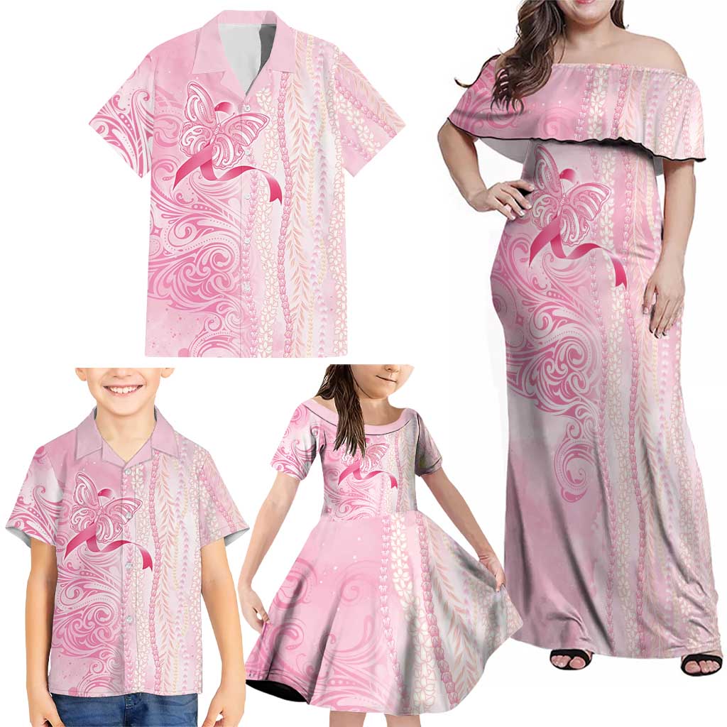 Breast Cancer Awareness Family Matching Off Shoulder Maxi Dress and Hawaiian Shirt Maile Pikake Lokelani Crown Flower Lei Inspired