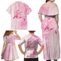 Breast Cancer Awareness Family Matching Off Shoulder Maxi Dress and Hawaiian Shirt Maile Pikake Lokelani Crown Flower Lei Inspired