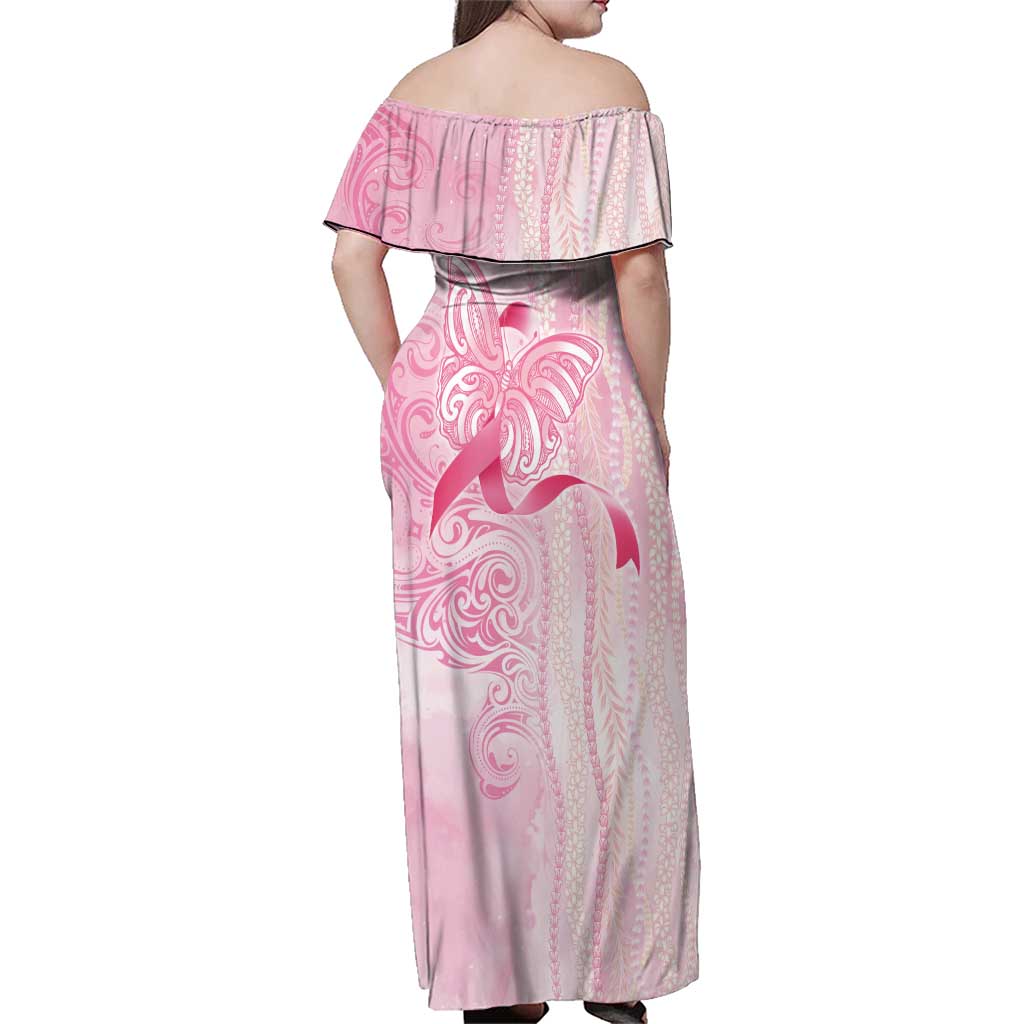 Breast Cancer Awareness Family Matching Off Shoulder Maxi Dress and Hawaiian Shirt Maile Pikake Lokelani Crown Flower Lei Inspired