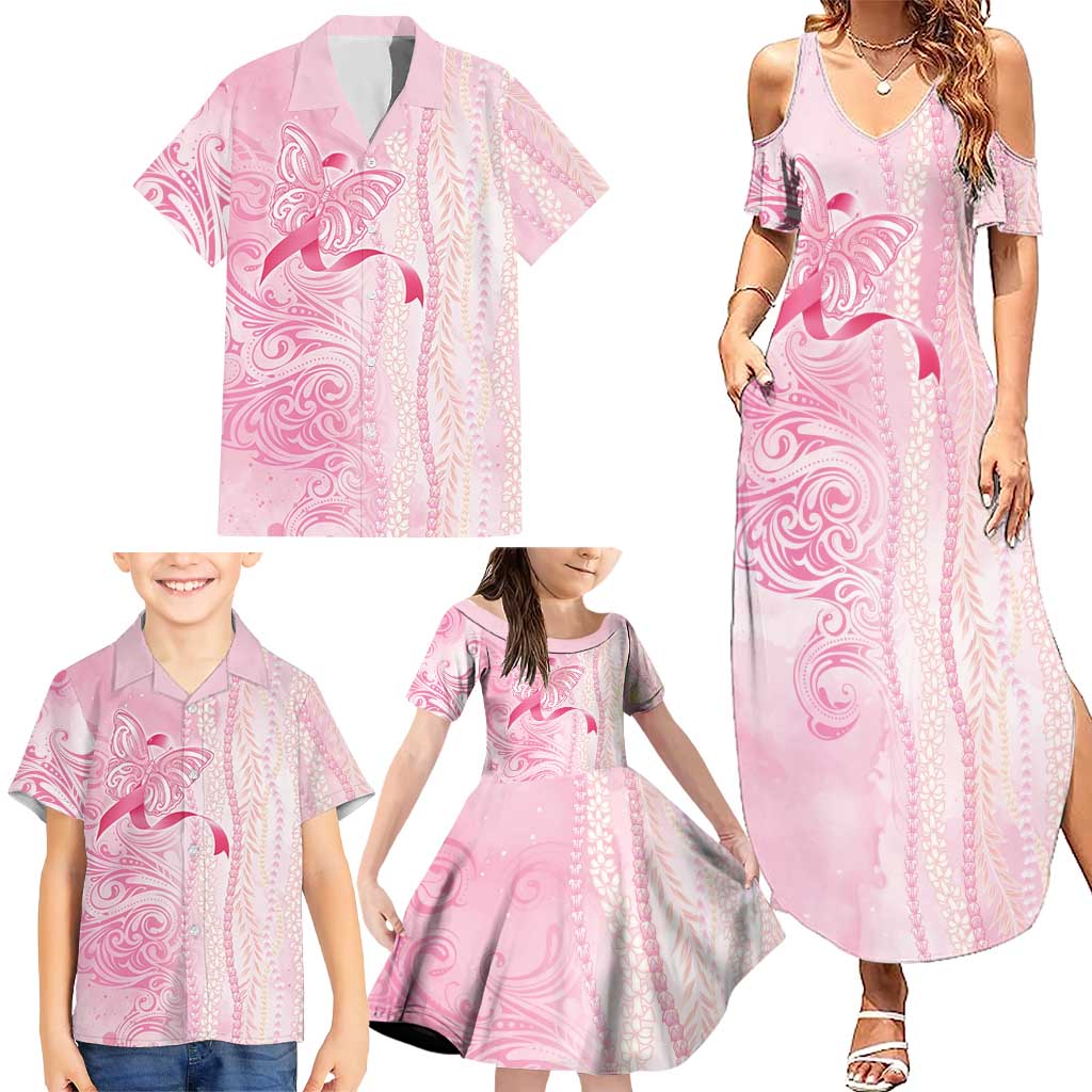 Breast Cancer Awareness Family Matching Summer Maxi Dress and Hawaiian Shirt Maile Pikake Lokelani Crown Flower Lei Inspired