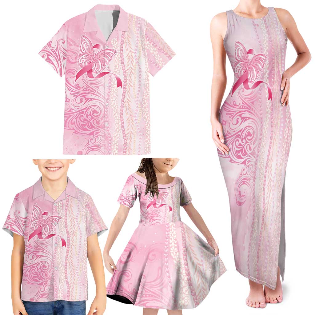 Breast Cancer Awareness Family Matching Tank Maxi Dress and Hawaiian Shirt Maile Pikake Lokelani Crown Flower Lei Inspired LT9 - Polynesian Pride