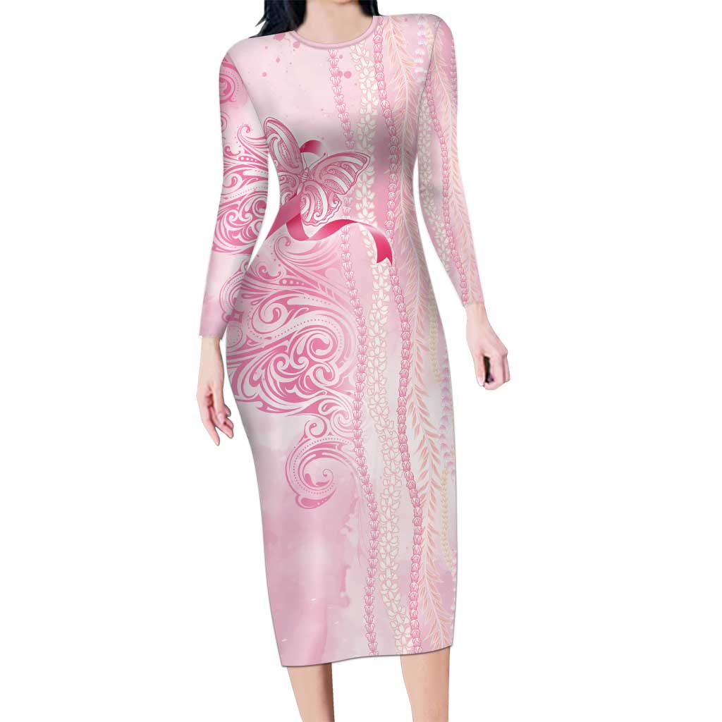 Breast Cancer Awareness Long Sleeve Bodycon Dress Maile Pikake Lokelani Crown Flower Lei Inspired LT9 Long Dress Pink - Polynesian Pride