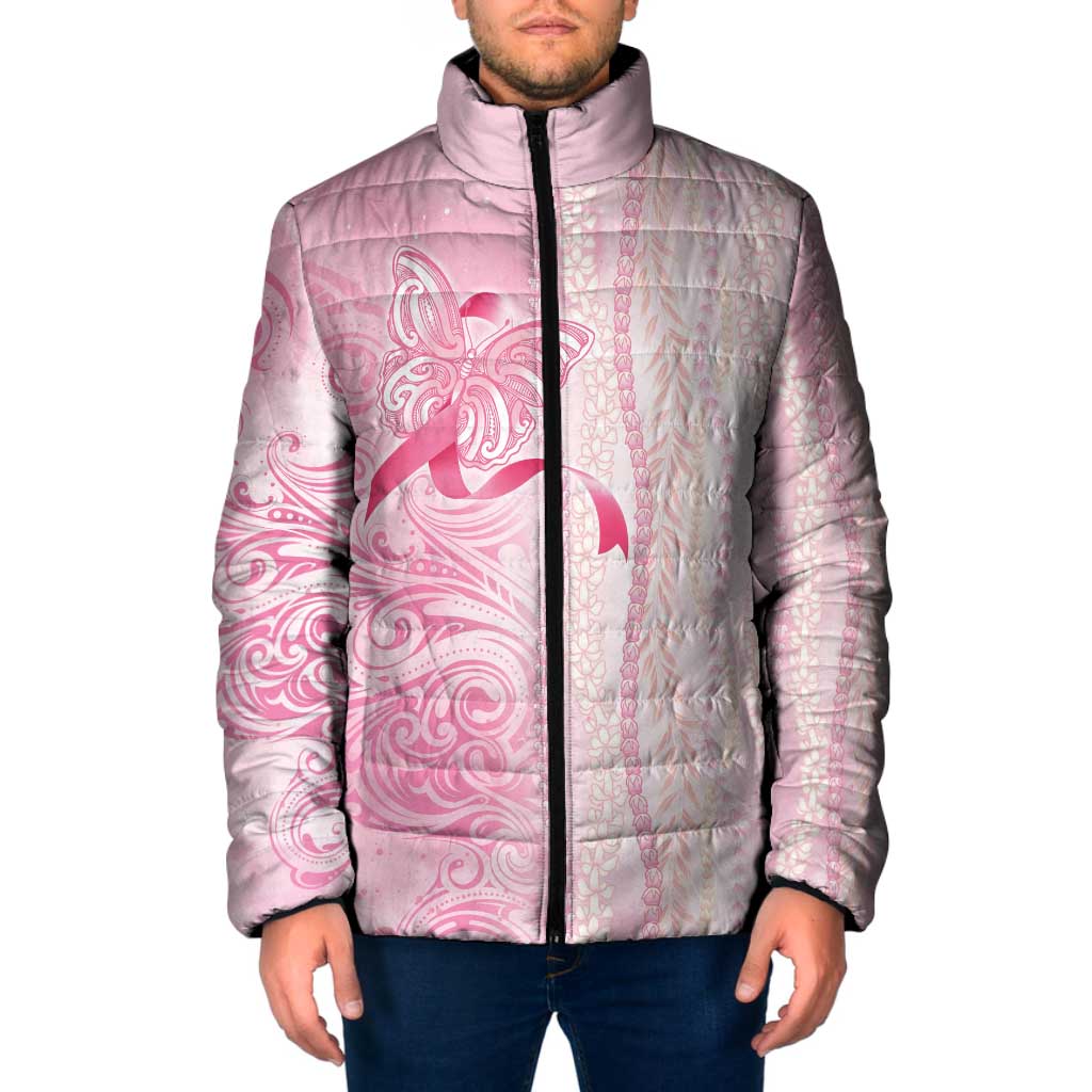 Breast Cancer Awareness Padded Jacket Maile Pikake Lokelani Crown Flower Lei Inspired