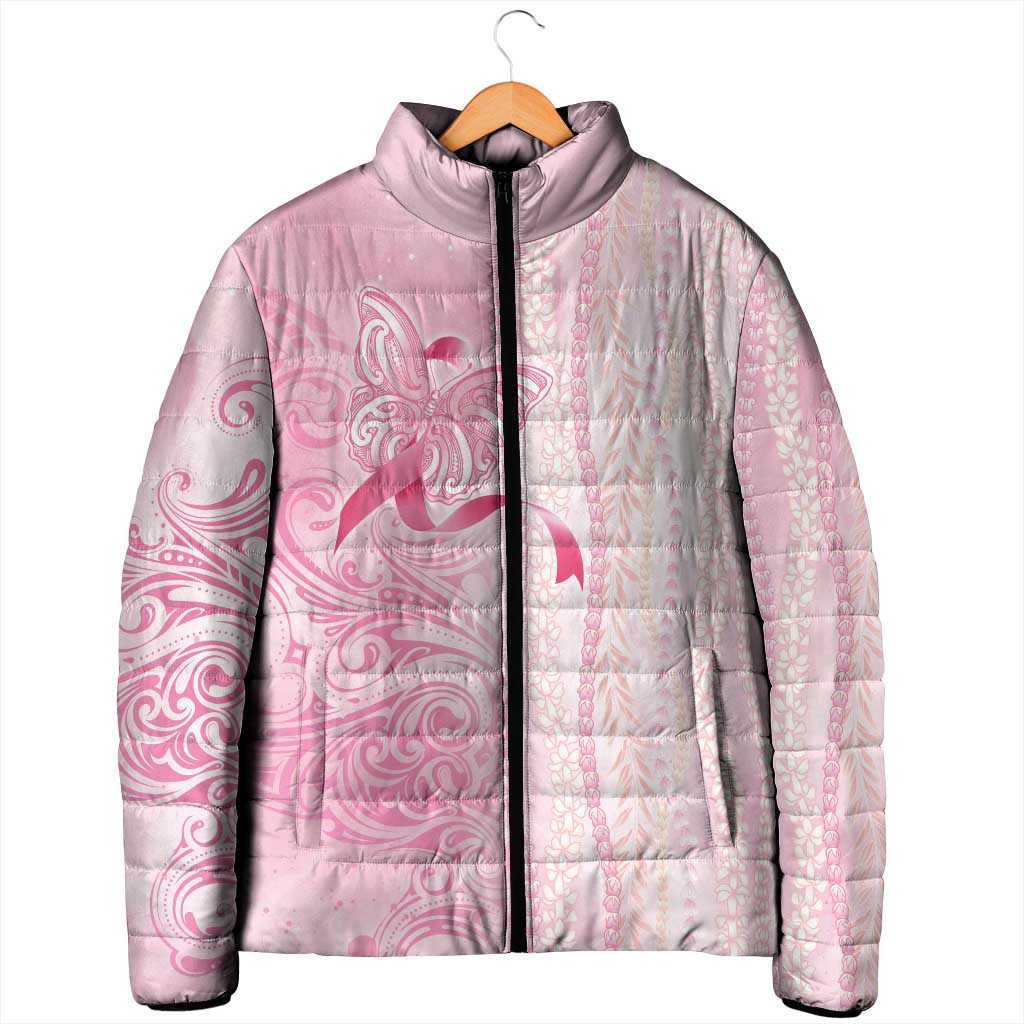Breast Cancer Awareness Padded Jacket Maile Pikake Lokelani Crown Flower Lei Inspired