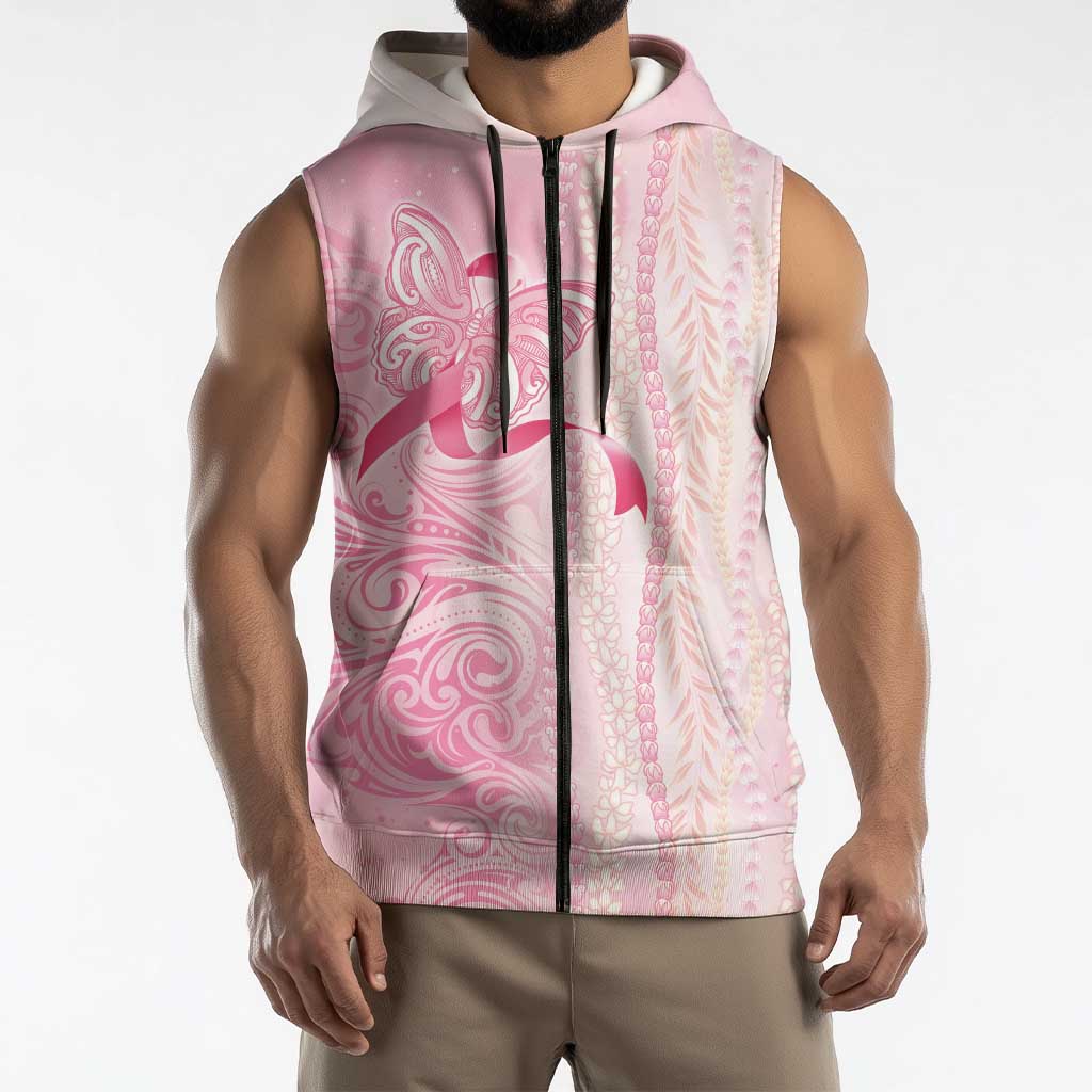 Breast Cancer Awareness Sleeveless Zip Hoodie Maile Pikake Lokelani Crown Flower Lei Inspired