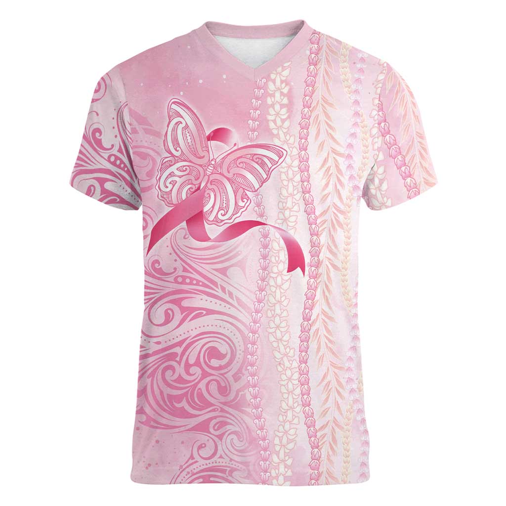 Breast Cancer Awareness Women V-Neck T-Shirt Maile Pikake Lokelani Crown Flower Lei Inspired