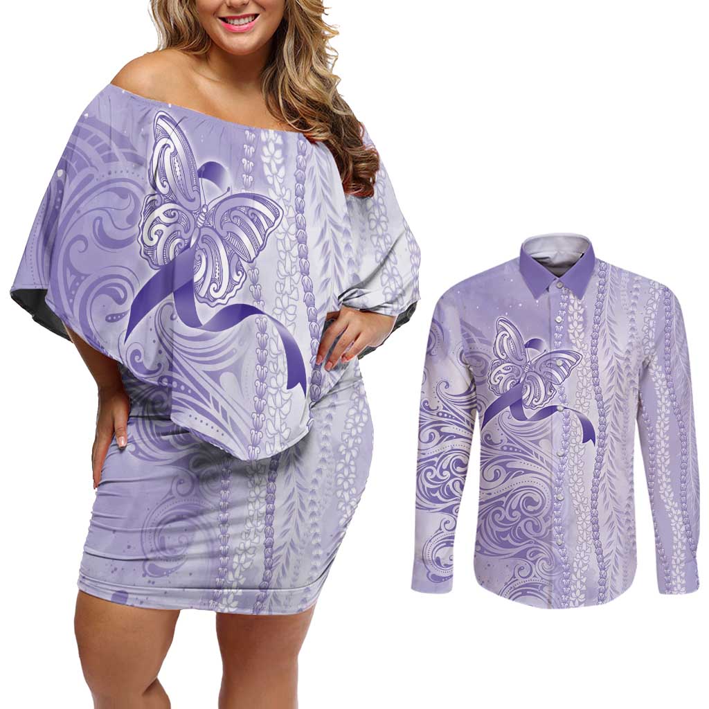 Epilepsy Awareness Couples Matching Off Shoulder Short Dress and Long Sleeve Button Shirt Maile Pikake Lokelani Crown Flower Lei Inspired LT9 Purple - Polynesian Pride