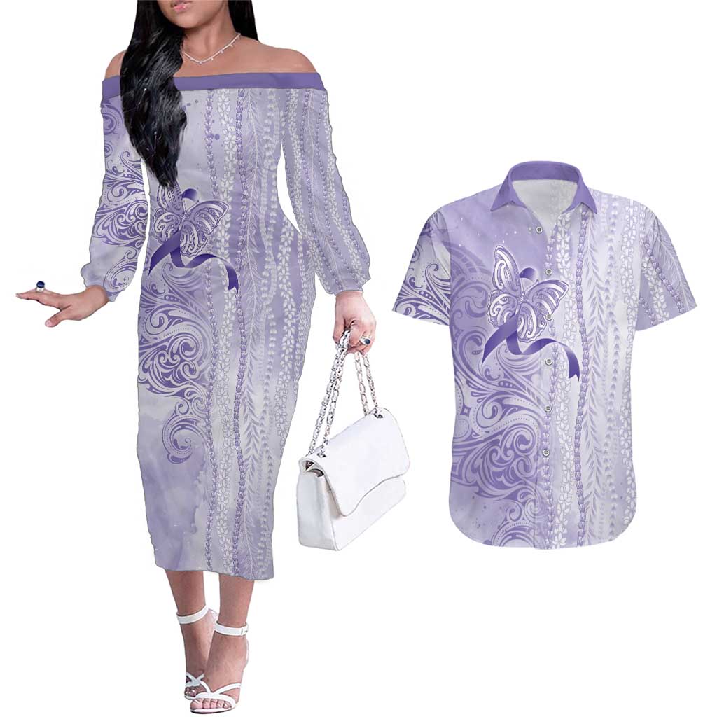 Epilepsy Awareness Couples Matching Off The Shoulder Long Sleeve Dress and Hawaiian Shirt Maile Pikake Lokelani Crown Flower Lei Inspired