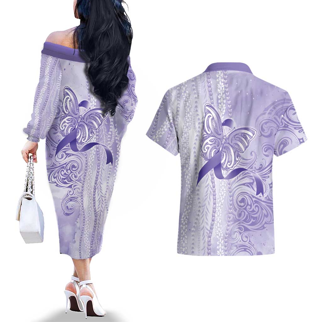 Epilepsy Awareness Couples Matching Off The Shoulder Long Sleeve Dress and Hawaiian Shirt Maile Pikake Lokelani Crown Flower Lei Inspired