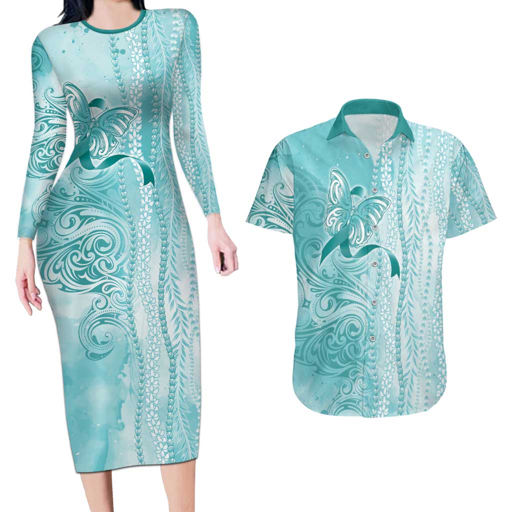 PTSD Awareness Couples Matching Long Sleeve Bodycon Dress and Hawaiian Shirt Maile Pikake Lokelani Crown Flower Lei Inspired