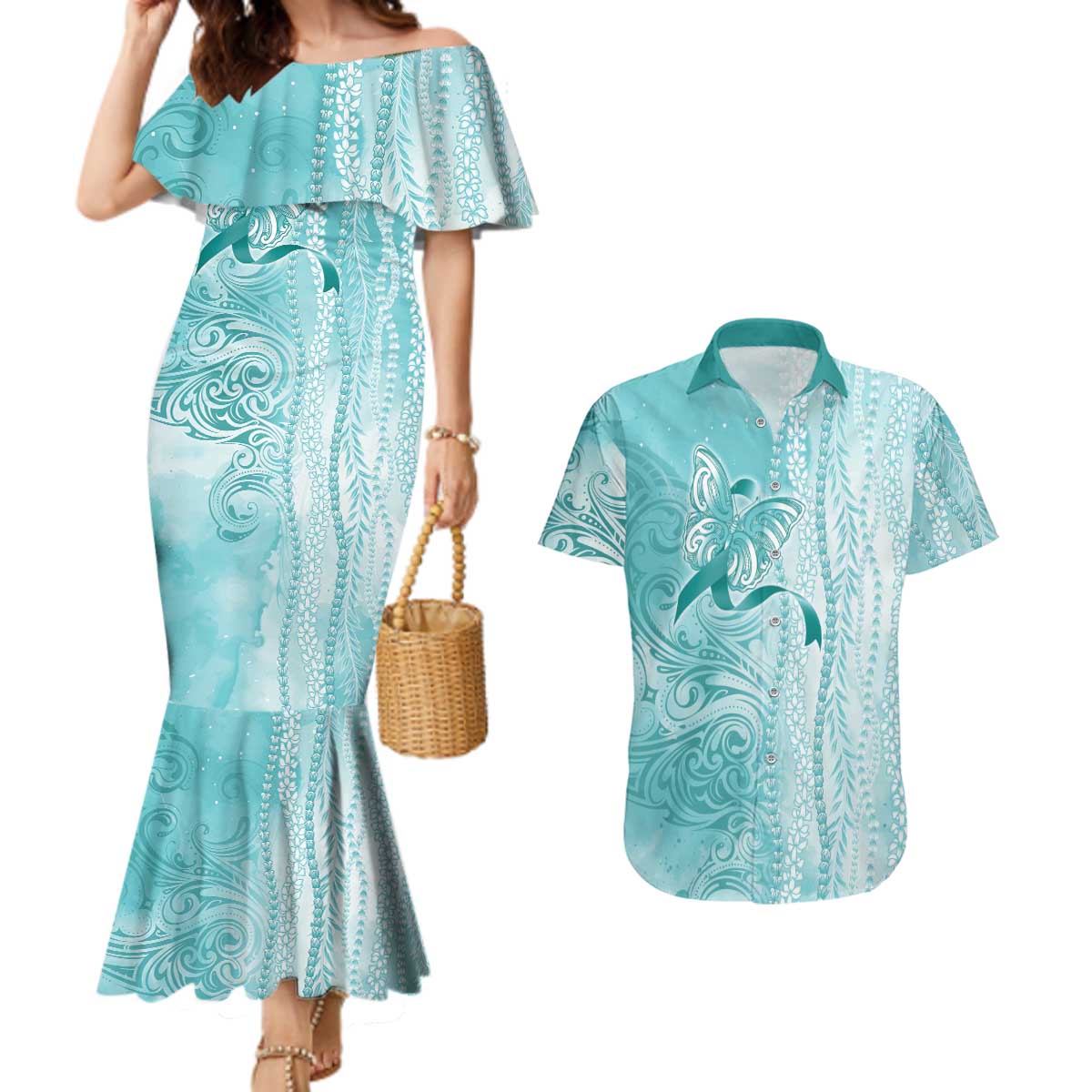 PTSD Awareness Couples Matching Mermaid Dress and Hawaiian Shirt Maile Pikake Lokelani Crown Flower Lei Inspired LT9 Teal - Polynesian Pride