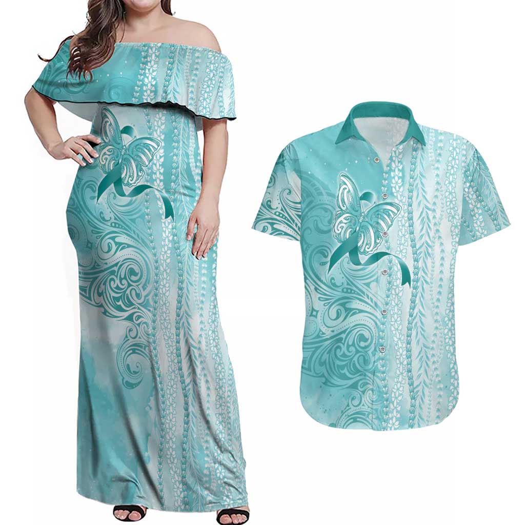 PTSD Awareness Couples Matching Off Shoulder Maxi Dress and Hawaiian Shirt Maile Pikake Lokelani Crown Flower Lei Inspired