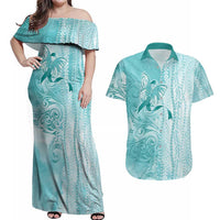 PTSD Awareness Couples Matching Off Shoulder Maxi Dress and Hawaiian Shirt Maile Pikake Lokelani Crown Flower Lei Inspired