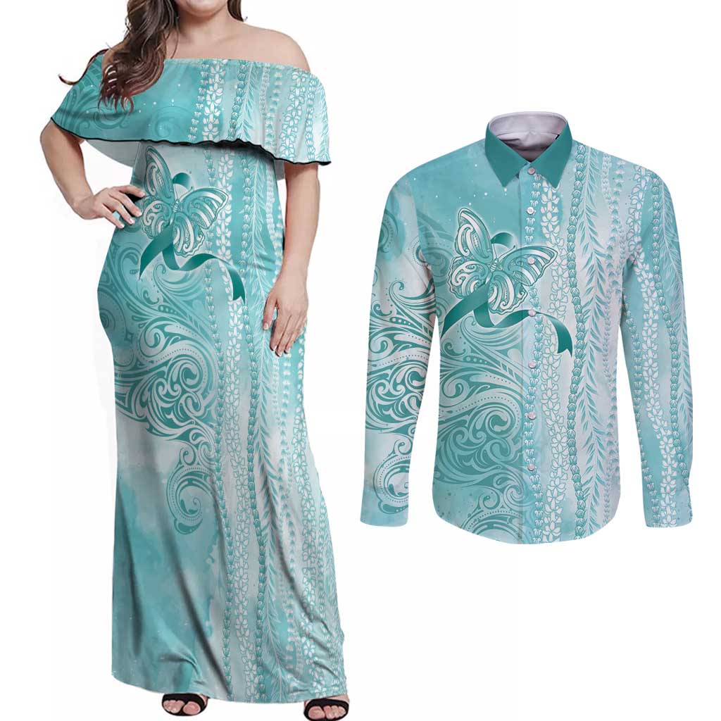 PTSD Awareness Couples Matching Off Shoulder Maxi Dress and Long Sleeve Button Shirt Maile Pikake Lokelani Crown Flower Lei Inspired
