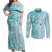 PTSD Awareness Couples Matching Off Shoulder Maxi Dress and Long Sleeve Button Shirt Maile Pikake Lokelani Crown Flower Lei Inspired
