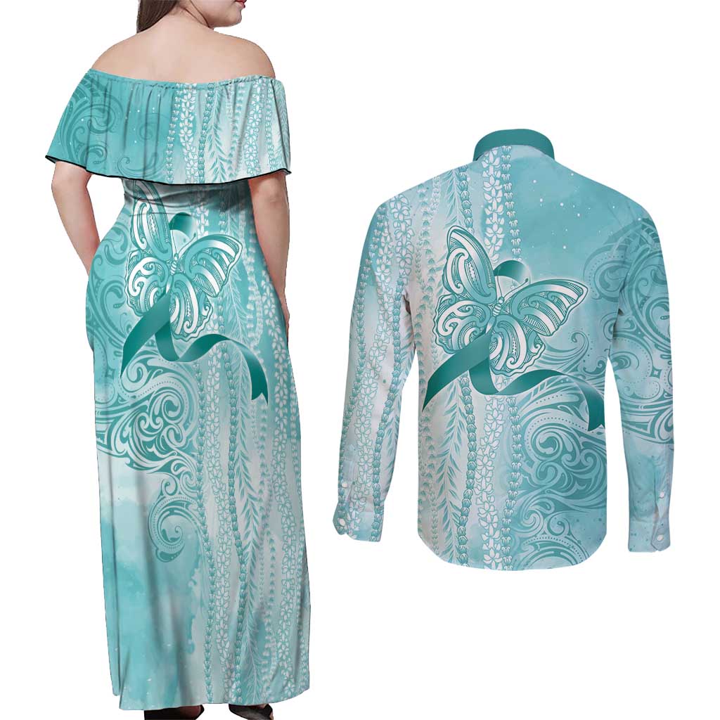 PTSD Awareness Couples Matching Off Shoulder Maxi Dress and Long Sleeve Button Shirt Maile Pikake Lokelani Crown Flower Lei Inspired