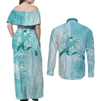 PTSD Awareness Couples Matching Off Shoulder Maxi Dress and Long Sleeve Button Shirt Maile Pikake Lokelani Crown Flower Lei Inspired