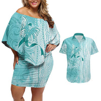 PTSD Awareness Couples Matching Off Shoulder Short Dress and Hawaiian Shirt Maile Pikake Lokelani Crown Flower Lei Inspired