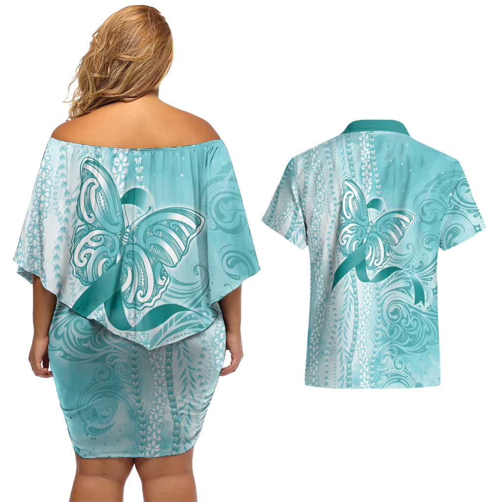 PTSD Awareness Couples Matching Off Shoulder Short Dress and Hawaiian Shirt Maile Pikake Lokelani Crown Flower Lei Inspired