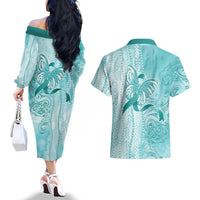 PTSD Awareness Couples Matching Off The Shoulder Long Sleeve Dress and Hawaiian Shirt Maile Pikake Lokelani Crown Flower Lei Inspired